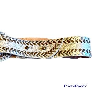 Calleen Cordero Metallic White Waist Cinching Uzi Belt Nickel and Brass Studding